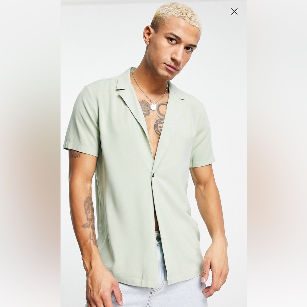 Regular Fit Viscose Shirt with Revere Collar in Sage Green